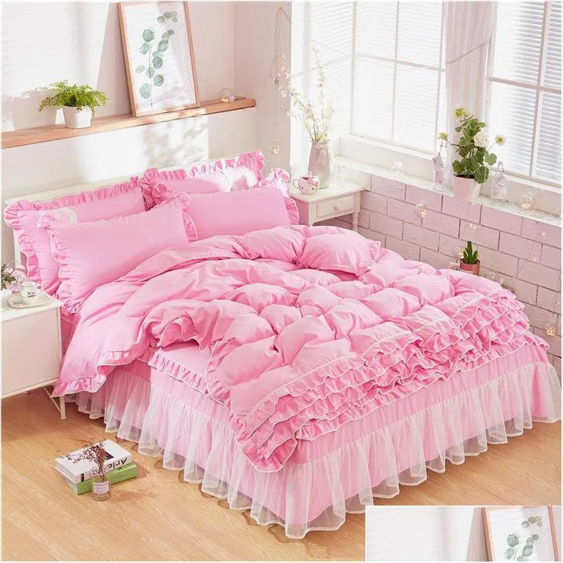  bedding set princess bow ruffle duvet cover wedding bedding pink girl baby bed skirt quilt cover sets twin bedclothes