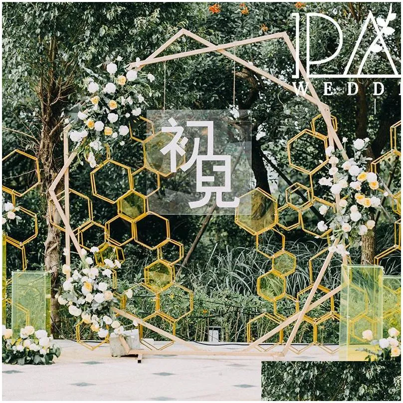 party decoration double hexagon wedding arch props iron specialshaped stand outdoor backdrop scene stage flower shelf1