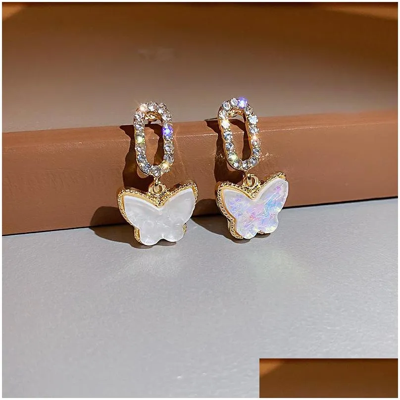 korean shell white butterfly earrings for women cute small simple animal crystal drop earrings party wedding jewelry