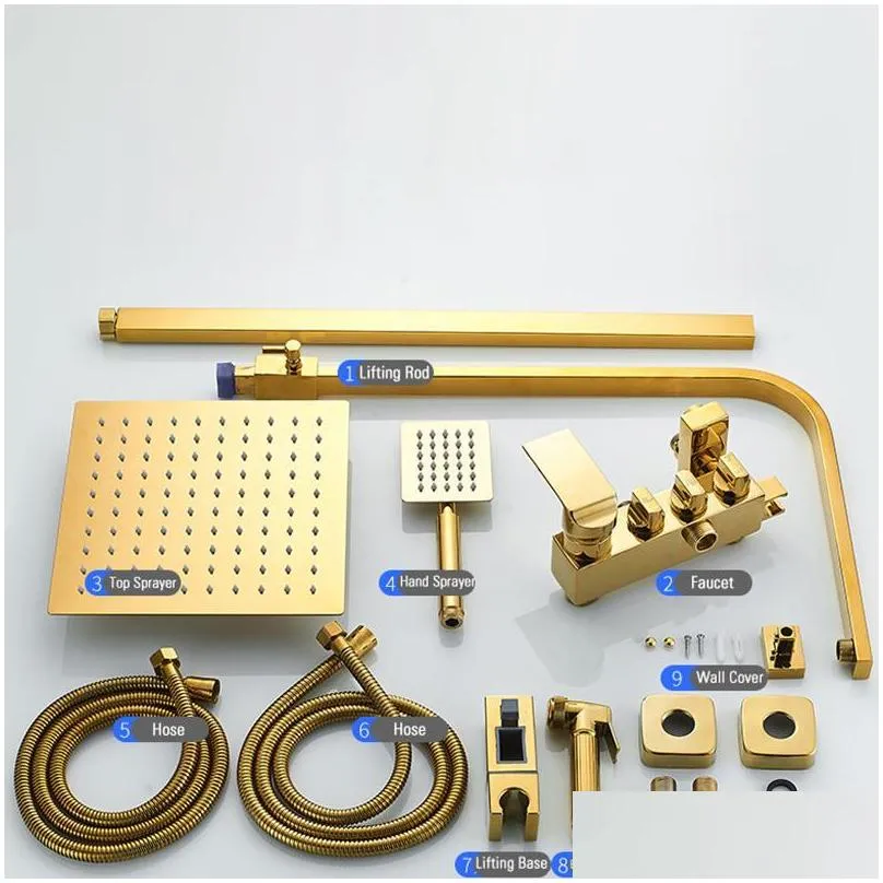 thermostatic shower faucets set gold brass system with body sprays bathroom showers rainfall water mixer bathtub faucet sets