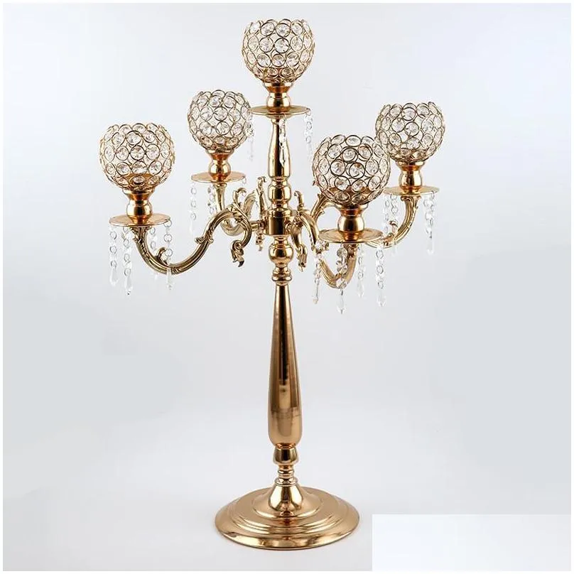 party decoration 12pcs european elegant tall 5 arms wedding gold crystal candelabra for centerpiece senyu1335