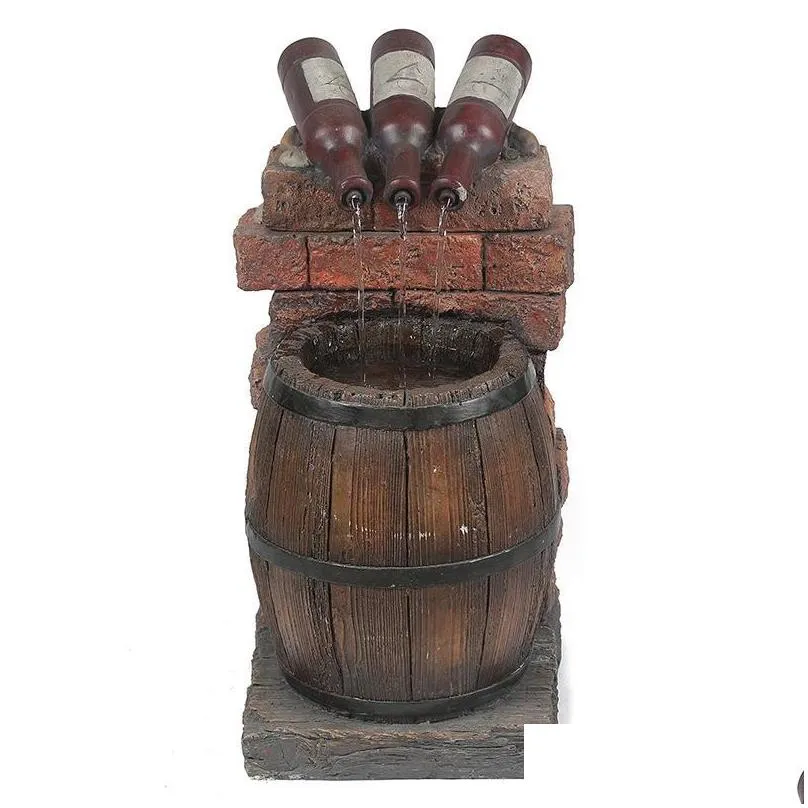 garden decorations accessories resin wine bottle and barrel outdoor water fountain sculpture rustic yard waterfall decoration