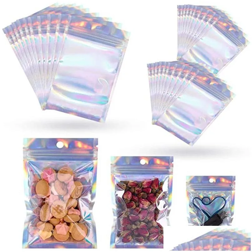 100pcs lot resealable plastic retail packaging bags holographic aluminum foil pouch smell proof bag for food storage