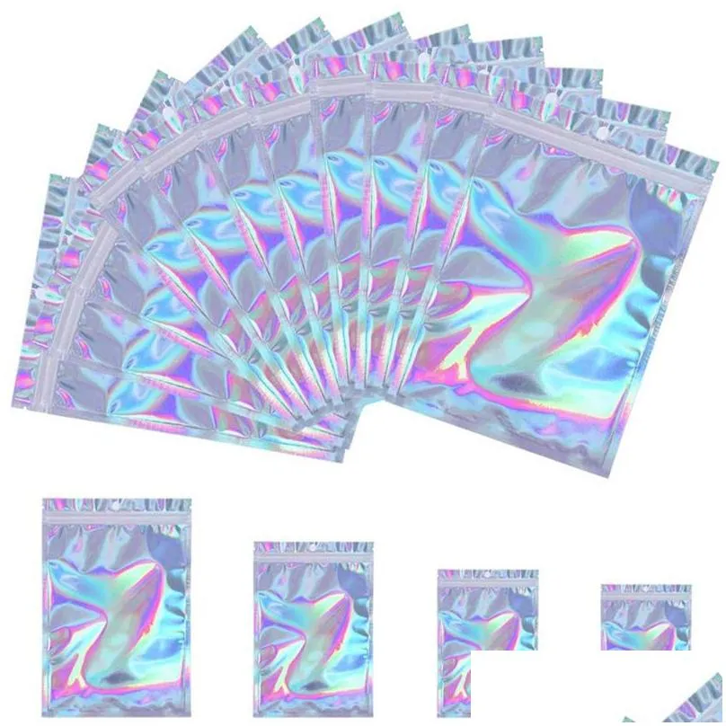 100pcs lot resealable plastic retail packaging bags holographic aluminum foil pouch smell proof bag for food storage