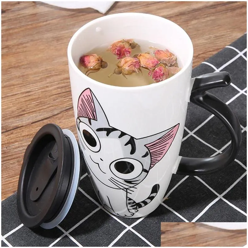 cute cat ceramics coffee mug with lid large capacity 600ml animal mugs creative drinkware coffee cups novelty gifts milk cup