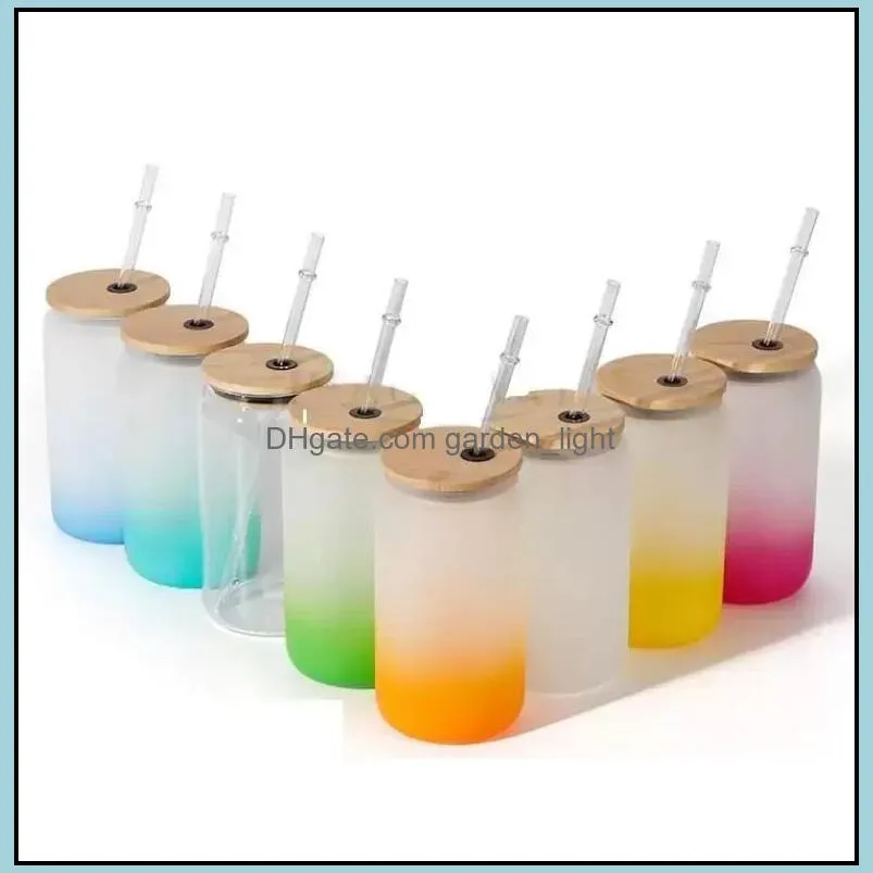 12/16oz sublimation frosted glass water bottle tumblers s glasses jar soda straw cup with bamboo lid colored glass tumbler