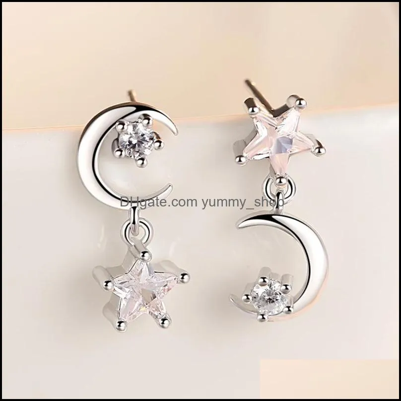 crystal 925 sterling silver stud earrings luxury star moon asymmetrical snowflake eardrop women long design jewelry