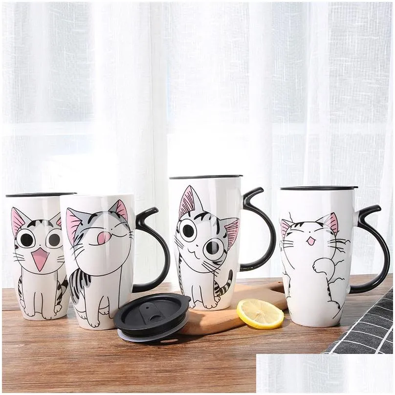 cute cat ceramics coffee mug with lid large capacity 600ml animal mugs creative drinkware coffee cups novelty gifts milk cup