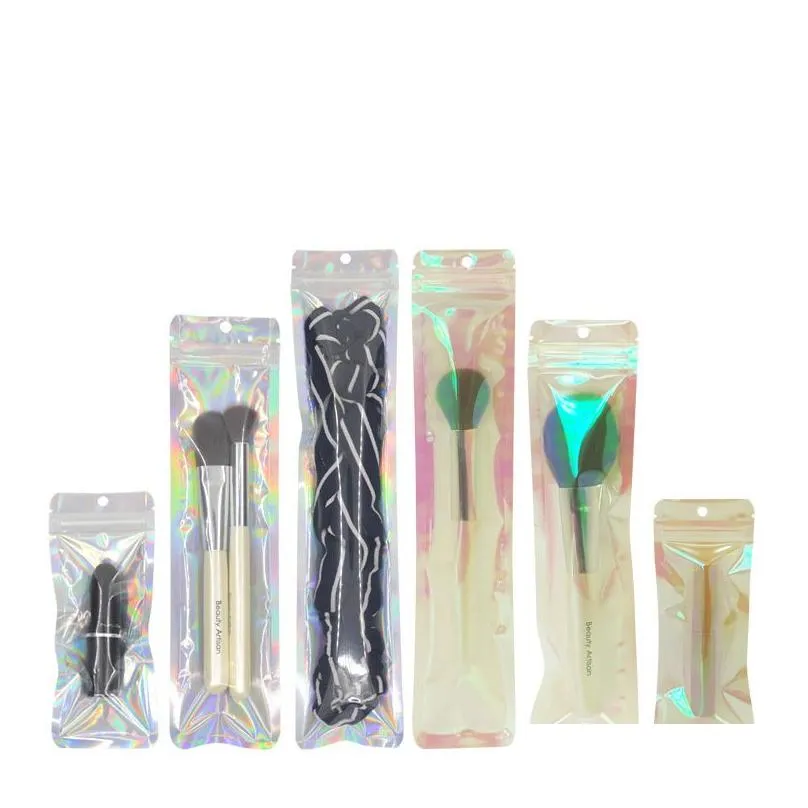 multisizes holographic brush packing bags with hanger hole 100pcs lot zipper seal packaging usb bag