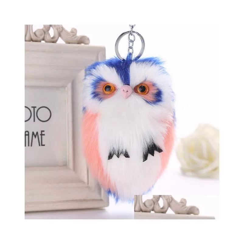 15cm cute fluffy owl keychain pendant women girls key ring faux bunny rabbit fur pompoms key chains for handbag