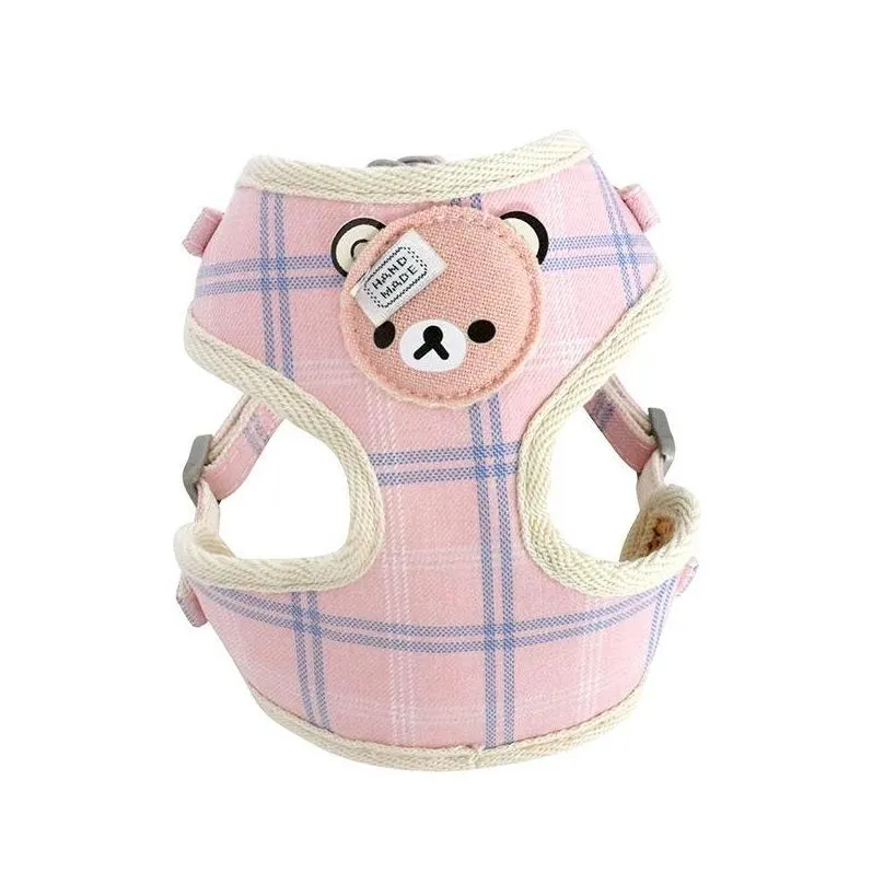 dog collars leashes pet supplies harness leash set ishaped plaid cartoon bear polyester breathable mesh chest strap snack pack