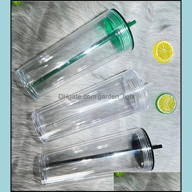 24oz clear plastic tumblers flat lid acrylic water bottles with straw double walled portable office coffee mug reusable transparent solid ps drinking cups