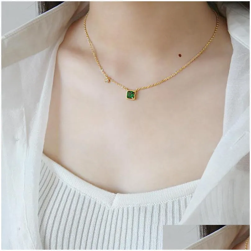 new fashion 925 sterling silver emerald square pendant necklaces for women white zircon charms geometric necklace pendant