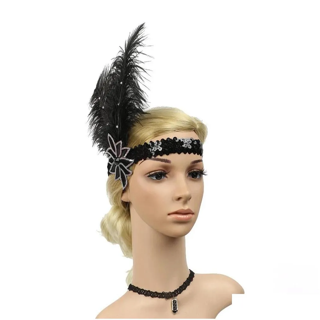 womens elegant headbands vintage sequins party headpiece fashion beaded flapper feather hair headband wedding bridal accessory