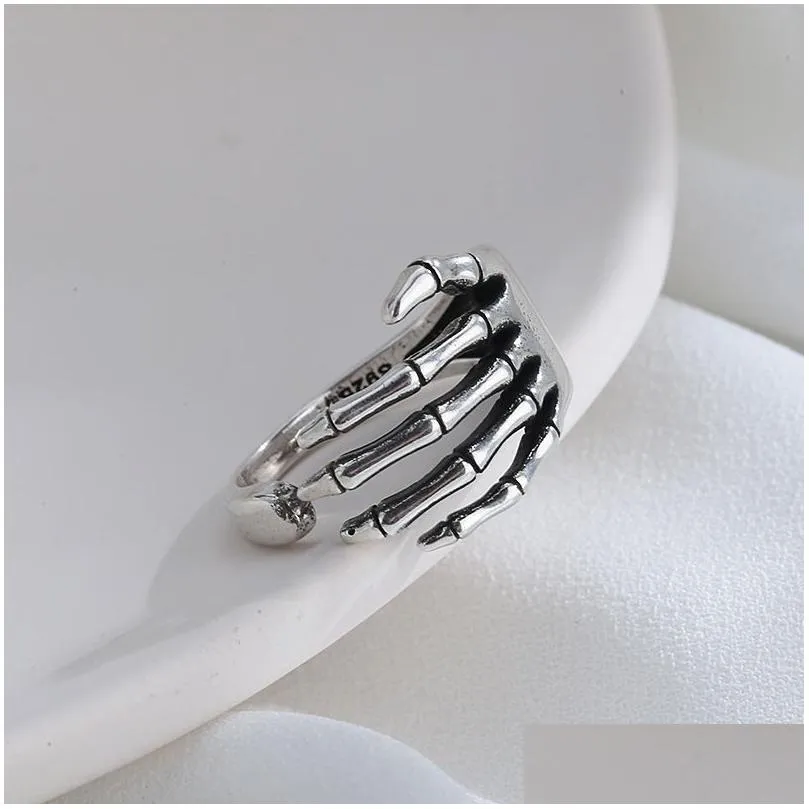 wedding rings adjustable 925 sterling silver ring trend punk skeleton hand holding shape unisex finger rings creative party jewelry loop kofo