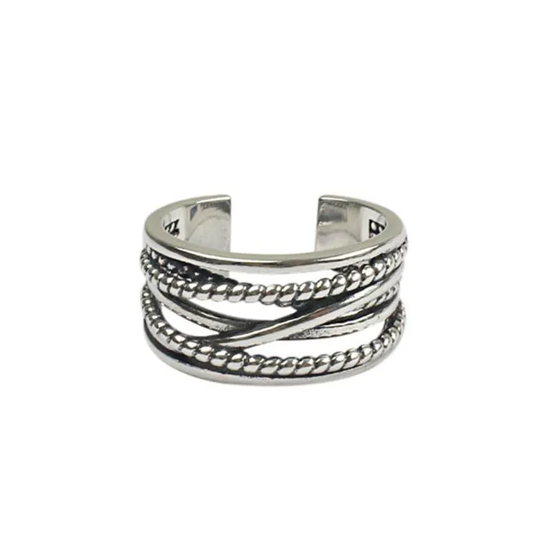 genuine silver jewelry 925 sterling silver multilayer wrap twist vintage open ring for women men vintage retro adjustable statement