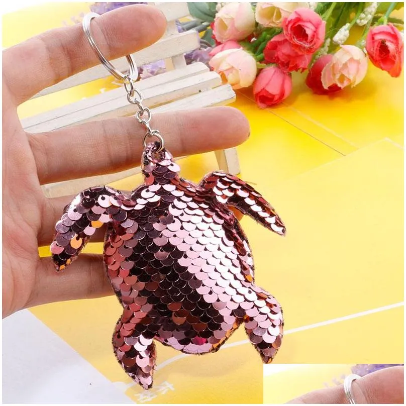 creativity bling sequin keychain pendant crafts colorful shiny tortoise car key chain ring ladies bag pendants jewelry accessories