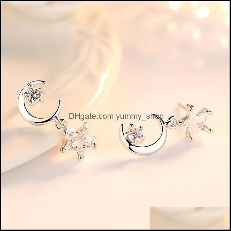 crystal 925 sterling silver stud earrings luxury star moon asymmetrical snowflake eardrop women long design jewelry