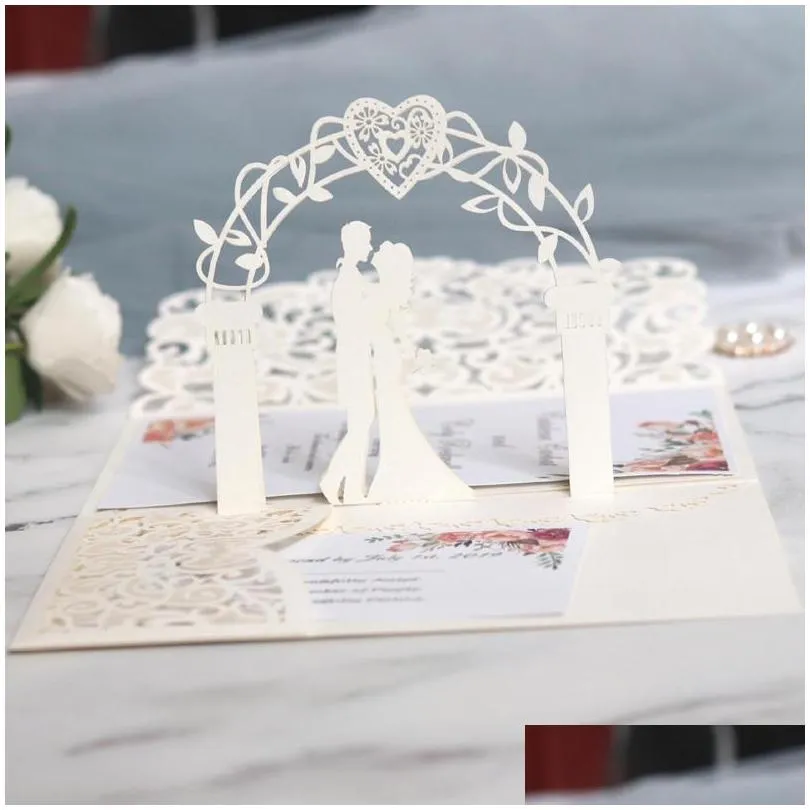 50 pieces/lot 3d bride and groom white wedding invitation card laser cut pocket floral engagement customized invitations ic052