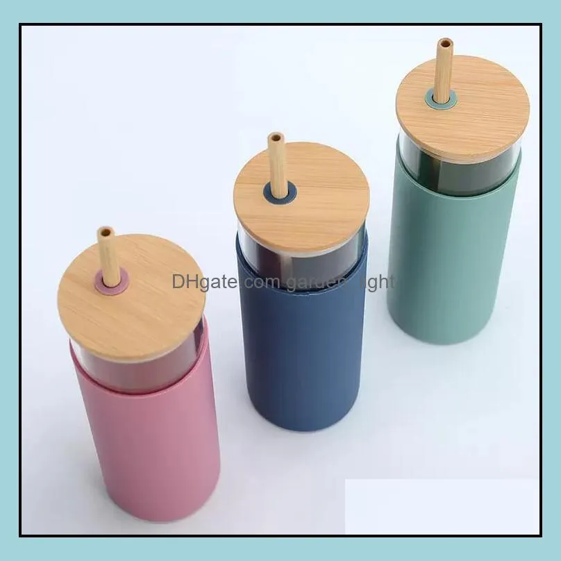 16oz glass mug juice cup milk tumblers with silicone sleeve bamboo and straw enviromentfriendly novelty tumbler wine bottle office car