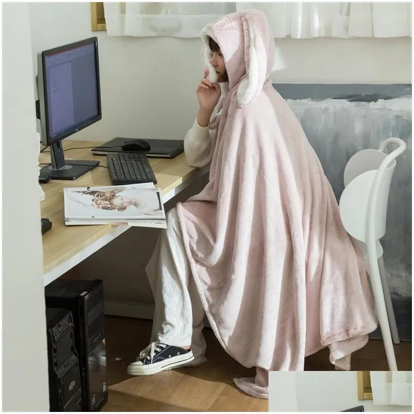 blankets wearable cloak flannel blanket with hooded cute ear tv cape for adult child winter sofa