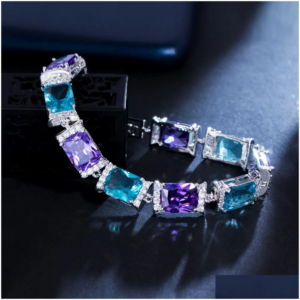 charm bracelets cwwzircons rectangle purple blue cubic zirconia crystal big luxury bracelets for women white gold plated party jewelry cb283