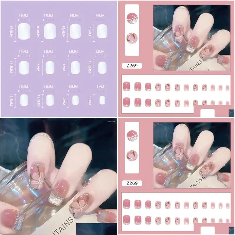 false nails retro flowers sweet long press on elegant fingernails stickers 24pcs jelly gel/glue type nov99