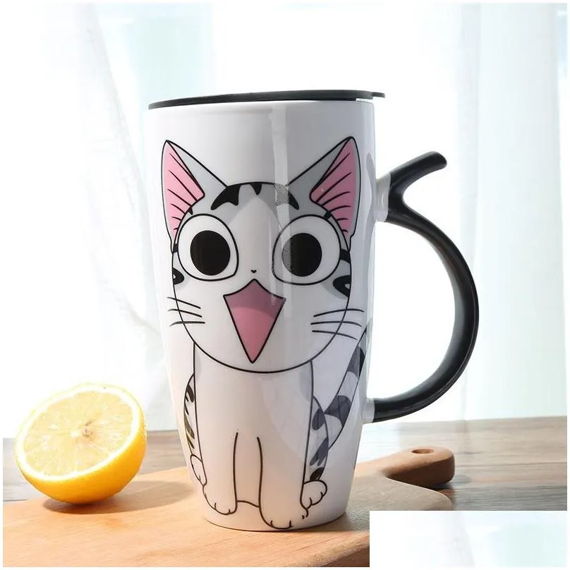 cute cat ceramics coffee mug with lid large capacity 600ml animal mugs creative drinkware coffee cups novelty gifts milk cup