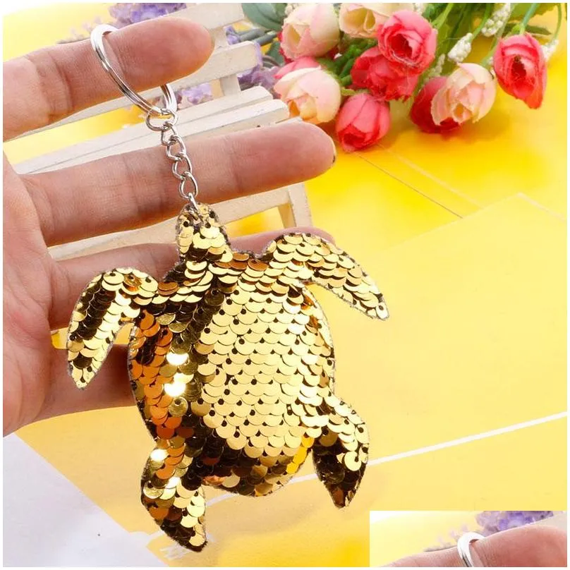 creativity bling sequin keychain pendant crafts colorful shiny tortoise car key chain ring ladies bag pendants jewelry accessories