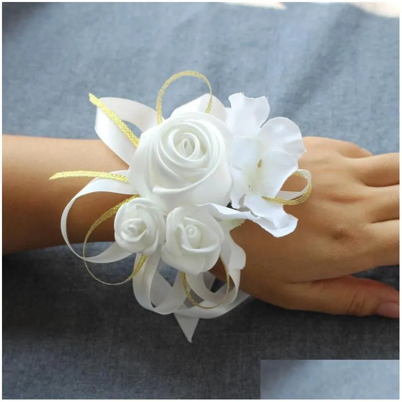 decorative flowers wreaths high quality bridal wedding wrist corsages gold white bridesmaids 10 pieces/lot party women decoration1