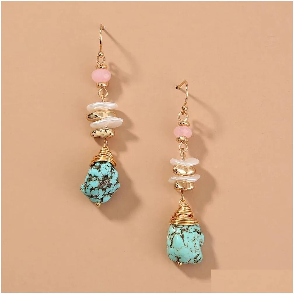 dangle chandelier bohemia long ethnic blue turquoises stone drop earrings for women boho jewelry gold earrings pink bead jewelry