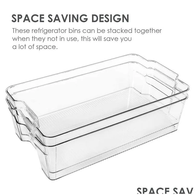 4 pack large clear plastic refrigerator organizer bins with handle for kitchen pantry