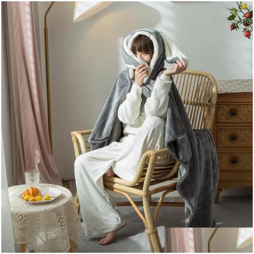 blankets wearable cloak flannel blanket with hooded cute ear tv cape for adult child winter sofa