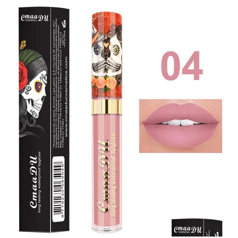 cmaadu lip gloss skull design matte liquid lipglosses 6 colors waterproof metal pearlescent longlasting lips gloss wholesale makeup