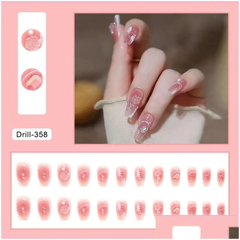 false nails 24pcs  summer fairy flower pattern nail art fake with glue pink purple short wearable wearing tools