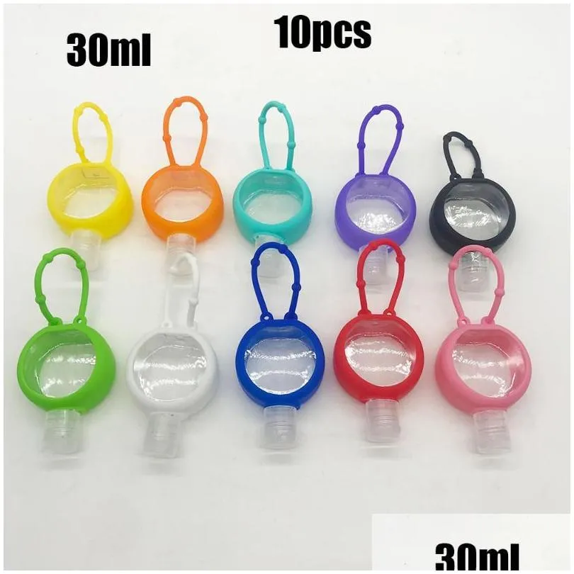 round solid color silicone baby shower hand sanitizer bottle holder portable refillable bottle cosmetic container with key ring