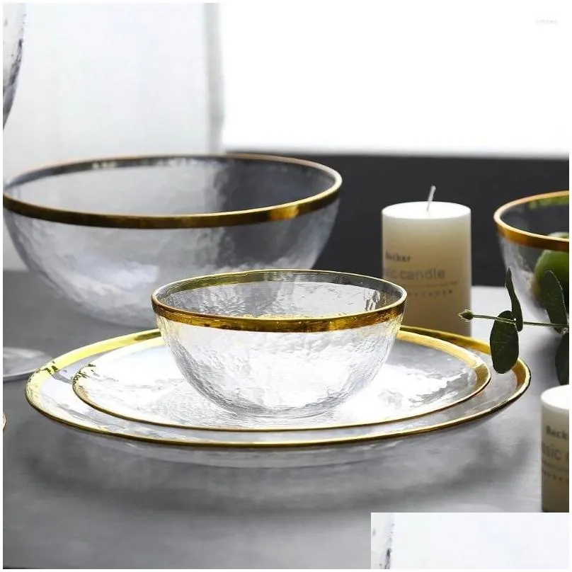 plates clear glass gold stroke tableware  plate transparent dinner cake dessert bowl set table wholesale bulk