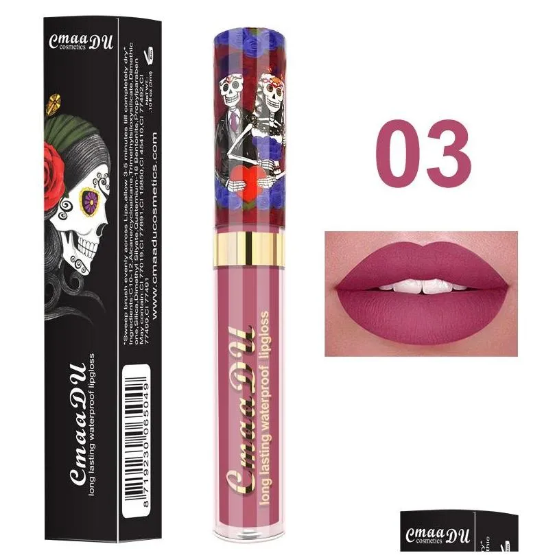 cmaadu lip gloss skull design matte liquid lipglosses 6 colors waterproof metal pearlescent longlasting lips gloss wholesale makeup