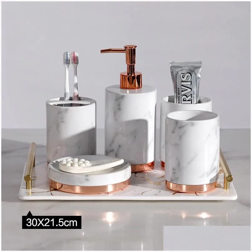 bath accessory set bathroom accessories ceramic metal base soap dispensers toothbrush holder gargle cups dish with tray wedding gifts1