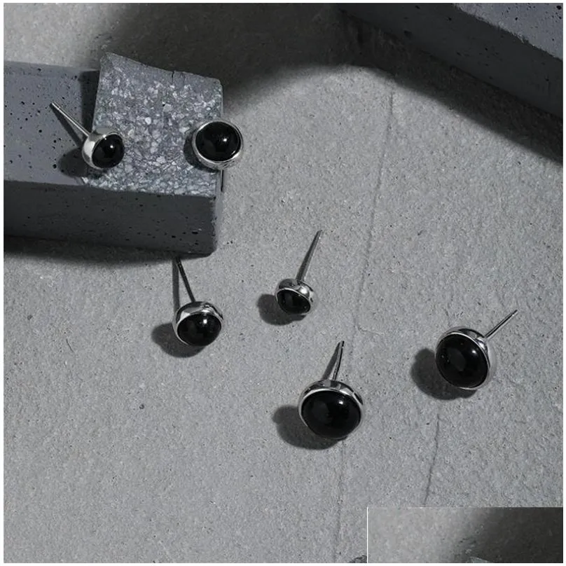 100 925 sterling silver stud earring 4/6/8mm geometric round black agate earrings for women girls