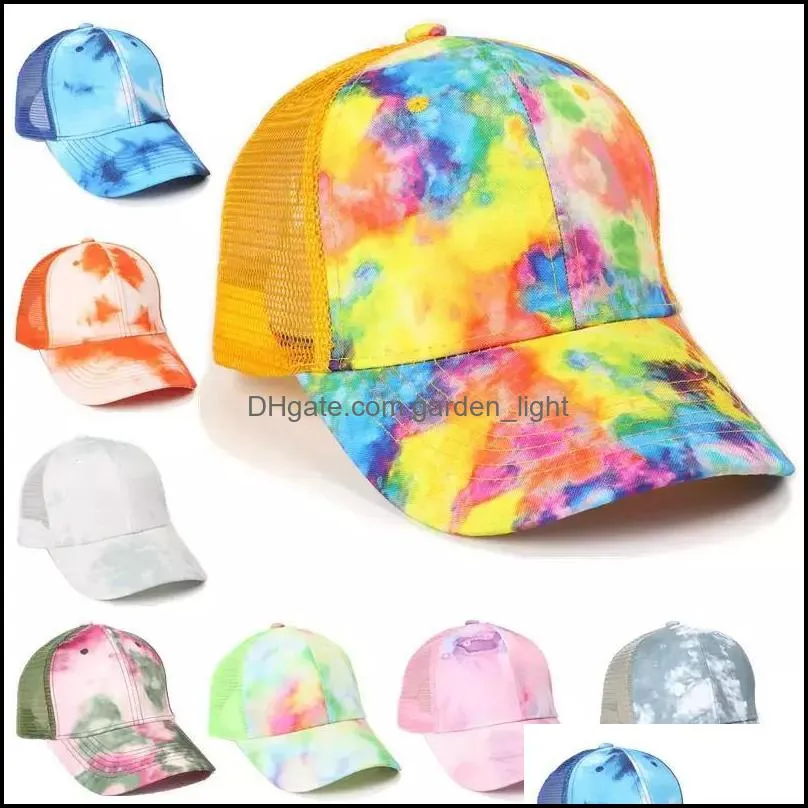 summer party supplies tiedye ponytail hats 6 colors mesh hollow messy bun baseball cap trucker hat fast send