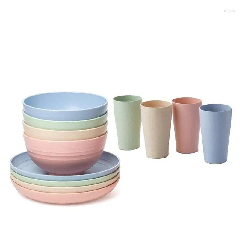 dinnerware sets wheat straw unbreakable reusable lightweight bowls cups plates tableware kitchen cutlery set retail