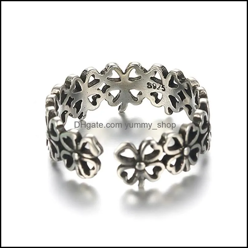 s925 silver antique band rings clover 4 flowers shaped adjustable women jewelry