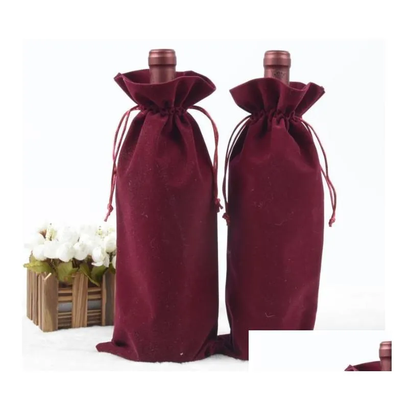 gift wrap 100pcs/lot velvet wine bottle covers bags drawstring flannel champagne wedding party packaging pouch