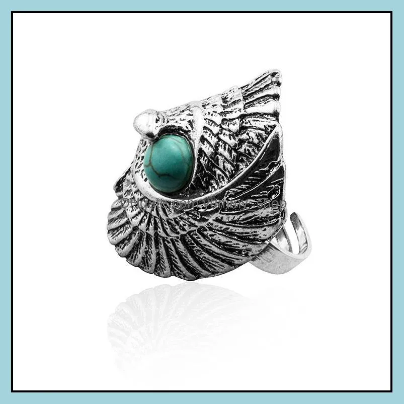 turquoise ring vintage tibetan silver indian wind pine stone wings  big  eye green