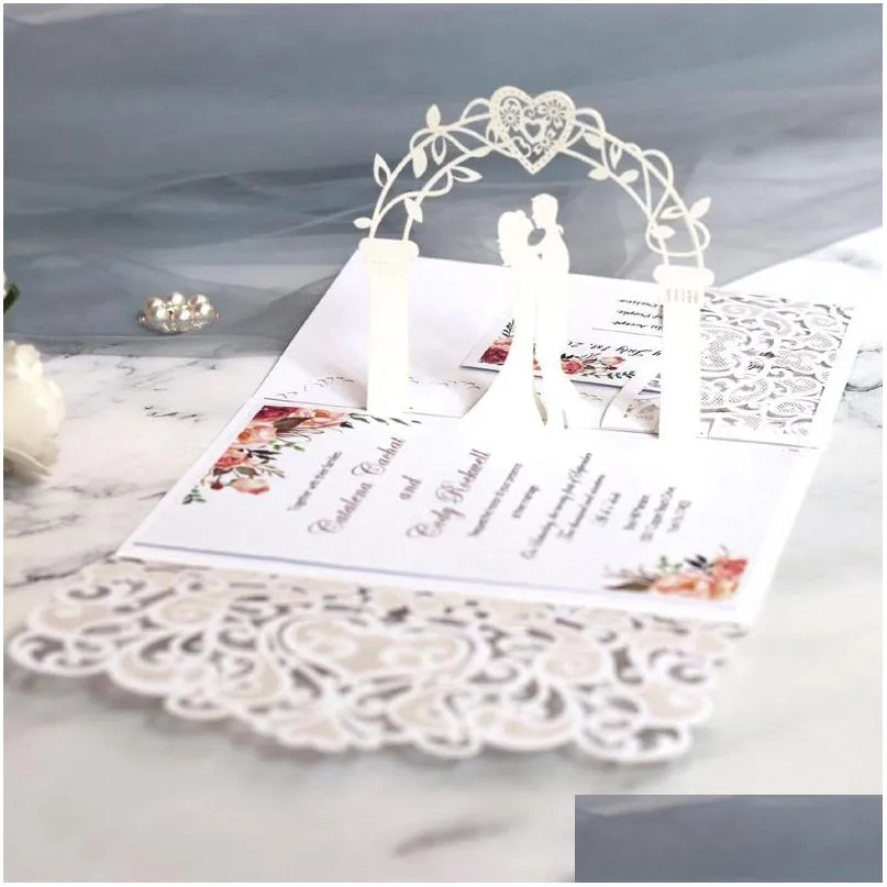 50 pieces/lot 3d bride and groom white wedding invitation card laser cut pocket floral engagement customized invitations ic052