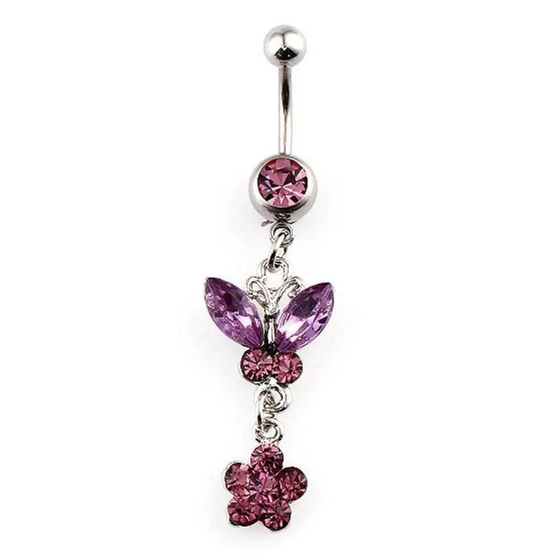 diamond inlay navel rings multicolor butterfly flower puncture jewelry umbilical nail medical steel dance belly ring accessories