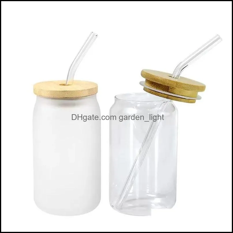 drinking glasses mugs with bamboo lid and straw 16oz sublimation can shaped glass cups beer iced coffee tumbler cups ideal for whiskey soda tea water