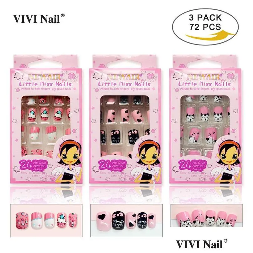 press on kids false nails with designs 72 pcs cat sweet full cover fake nail tips artificial abs