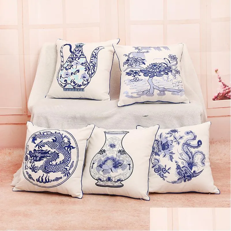 vintage chinese style cushion cover cotton linen blue and white porcelain pillow case for sofa car home decorative pillows cases